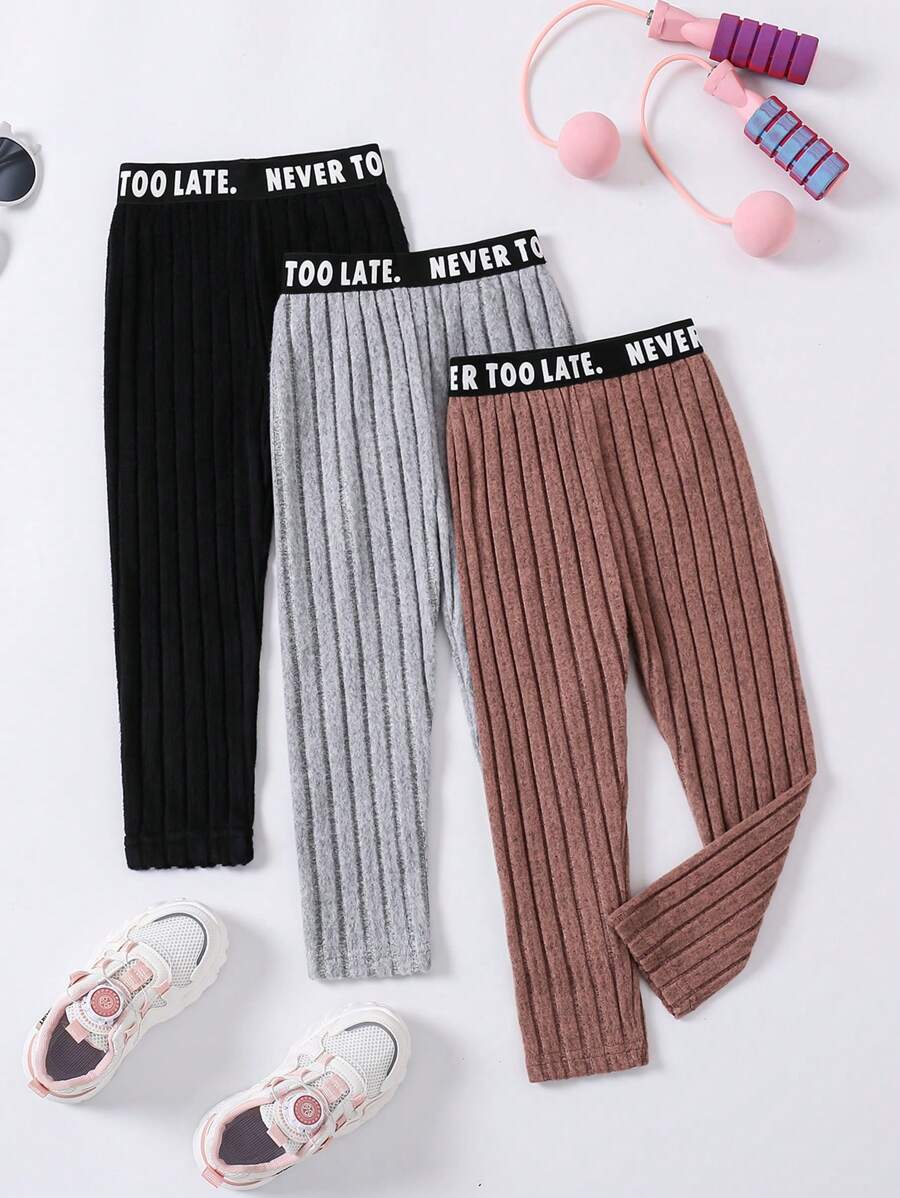 3pcs Girls' Ribbed Straight Leg Pants Set, Autumn Winter - Multicolor - View 1