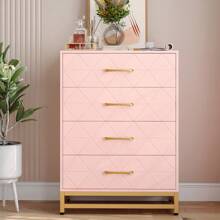 4 Drawers Dresser Chests For Bedroom, Tall Wood Rustic Chest Of Drawers With Wide Metal Handle, White Dresser Drawer Organizer For Bedroom,Living Room,Hallway And Entryway - 粉色 - 查看 12