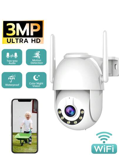 كاميرا أمان منزلية لاسلكية بدقة 3 ميجابيكسل وتقريب 5X مع سماعة طرفية ، كشف حركة، IP66 مقاوم للماء، تخزين سحابي وبطاقة SD، رؤية ليلية ملونة ، متصل بواي فاي 2.4 جيجا هرتز، قطعة واحدة