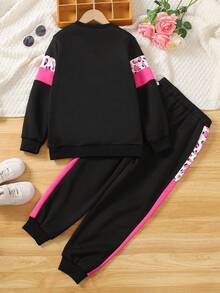 2pcs Girls' Casual Leopard Print Contrast Color Pullover Sweatshirt And Pants Set, Fall/Winter - Black - View 7