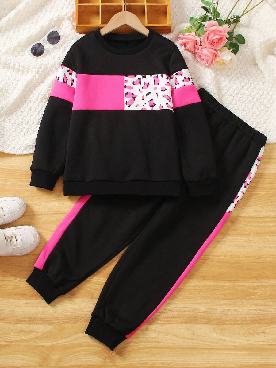2pcs Girls' Casual Leopard Print Contrast Color Pullover Sweatshirt And Pants Set, Fall/Winter - Black - View 1