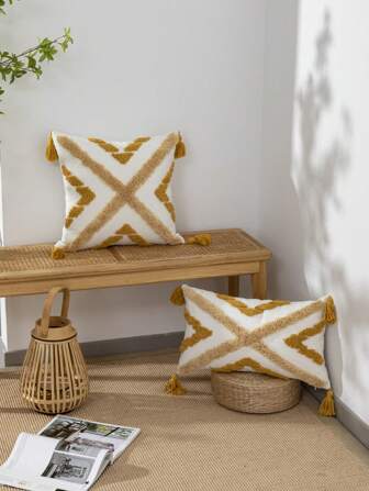 1/2 件黄色 X 形图案抱枕套，波西米亚帆布圆形毛绒刺绣与簇绒刺绣工艺相结合，北欧四角流苏装饰腰垫套，适用于家庭、客厅、办公室沙发、户外花园，四季皆宜，不含枕芯，30*50 厘米 45*45 厘米