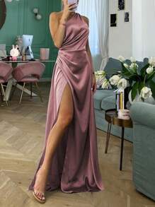 Elisanya WOWDARK Women Spring Solid Color Elegant Asymmetrical Neck Ruched Split Dress, Party Dress, Wedding Guest Dress - Dusty Pink - View 3