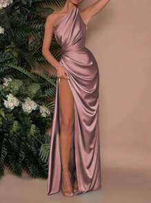 Elisanya WOWDARK Women Spring Solid Color Elegant Asymmetrical Neck Ruched Split Dress, Party Dress, Wedding Guest Dress - Dusty Pink - View 2