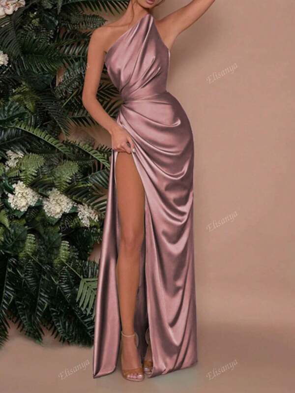 Elisanya WOWDARK Women Spring Solid Color Elegant Asymmetrical Neck Ruched Split Dress, Party Dress, Wedding Guest Dress