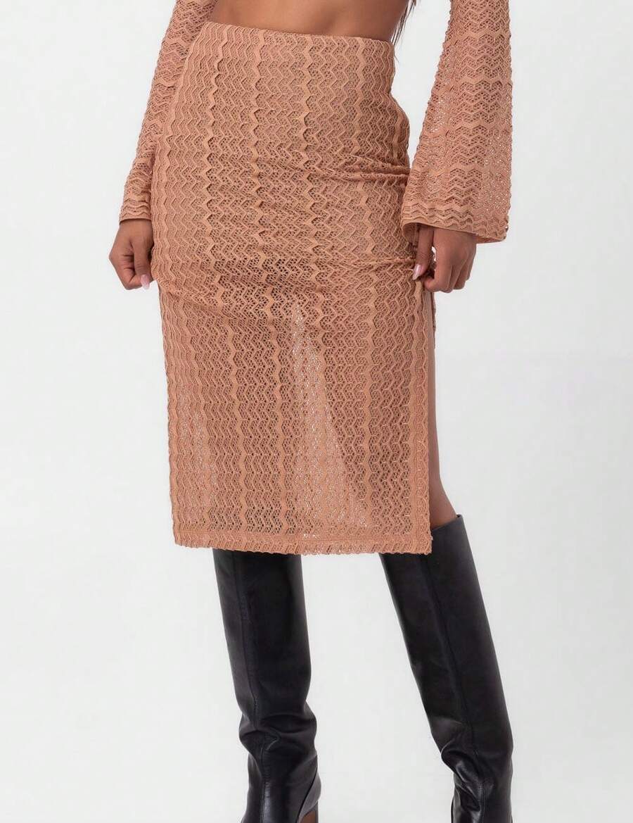Lace Midi Skirt With Nude Labrava Slit - Rỉ Nâu - Xem 1