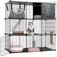 BriSunshine Katzenkäfig für drinnen, 3-stufige DIY Katzengehege mit Großem Hängemattenbett, Metall-Draht Katzenhaus Zwinger mit Katzenklo, Katzenbett, Kratzern, Schüssel und Treppen für 1-2 Katzen