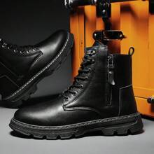 Men's High Top Lace-Up Boots Multi-Color Splice Motorcycle Boots Anti-Slip Work Boots Outdoor Leather Boots - Black - View 1