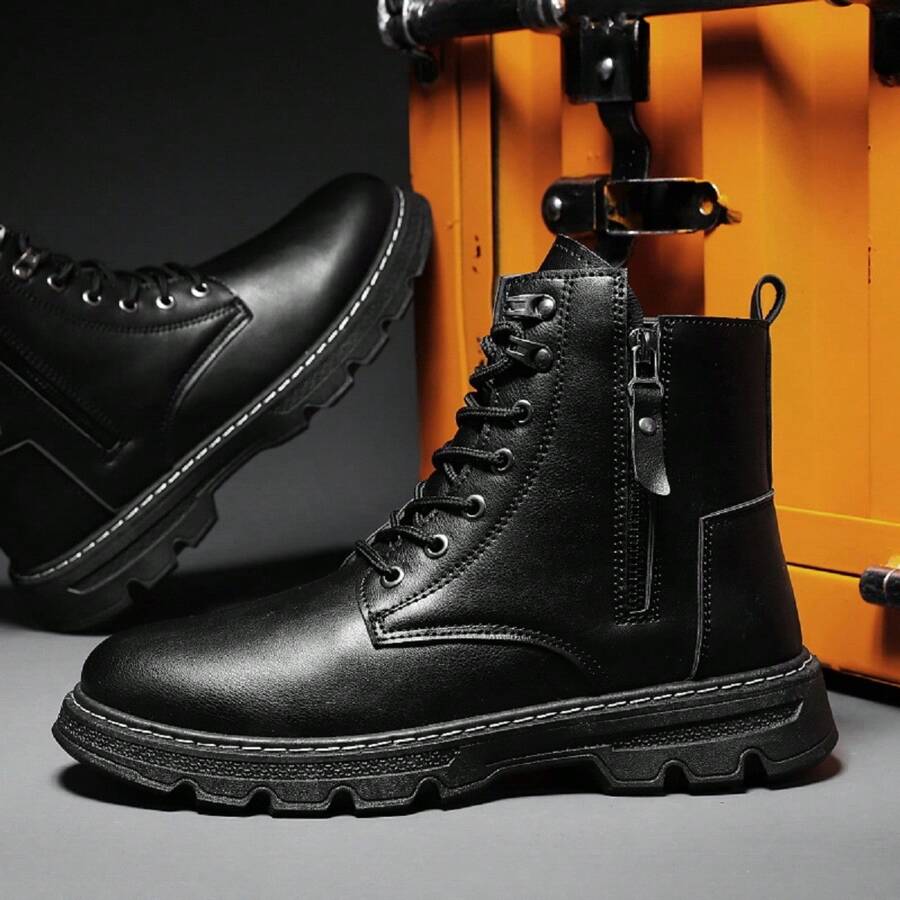 Men's High Top Lace-Up Boots Multi-Color Splice Motorcycle Boots Anti-Slip Work Boots Outdoor Leather Boots - Black - View 1