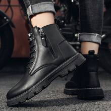 Men's High Top Lace-Up Boots Multi-Color Splice Motorcycle Boots Anti-Slip Work Boots Outdoor Leather Boots - Black - View 3