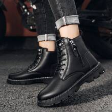 Men's High Top Lace-Up Boots Multi-Color Splice Motorcycle Boots Anti-Slip Work Boots Outdoor Leather Boots - Black - View 2