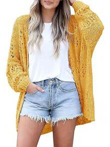Women's Crochet Cardigan Sweater Kimonos Boho Solid Color Oversized Fall Open Front Outwear - Yellow - View 1