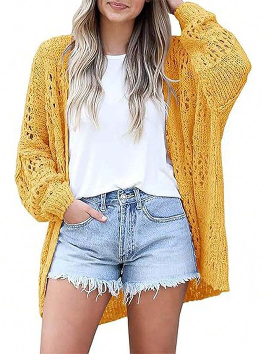 Women's Crochet Cardigan Sweater Kimonos Boho Solid Color Oversized Fall Open Front Outwear - Yellow - View 1