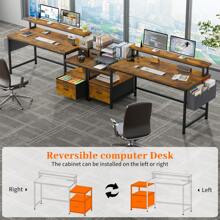 EnHomee 56.5" Computer Desk With File Drawers Cabinet, Study Writing Gaming Desk With Power Outlets, Home Office Desk With Shelves Monitor Stand, Work Table With Printer Space