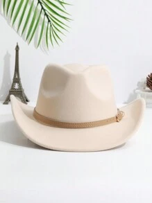 1 件男女通用腰带装饰波西米亚纯色牛仔帽亮片牛仔帽软呢帽爵士巴拿马帽软毡帽西部牛仔风格帽子适合派对 - 黑色 - 查看 3