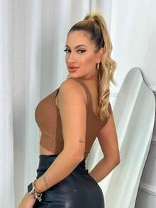 Cropped Top With Underwire V-Neck Polyamide Tank Top With Padded Basic Summer Nightclub Party - Rỉ Nâu - Xem 2