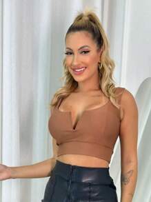 Cropped Top With Underwire V-Neck Polyamide Tank Top With Padded Basic Summer Nightclub Party - Rỉ Nâu - Xem 1
