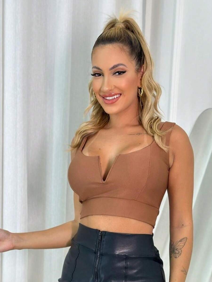 Cropped Top With Underwire V-Neck Polyamide Tank Top With Padded Basic Summer Nightclub Party - Rỉ Nâu - Xem 1