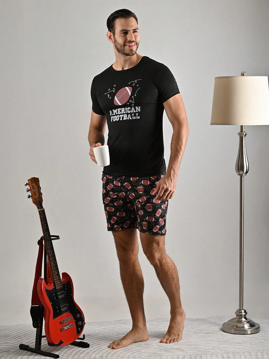 a DORMIR Set De Pijama Multicolor Con estampado Manga Corta y Short Para Hombre - Negro - Ver 1