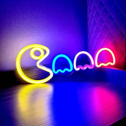 1 个 Pacman 霓虹灯，约 35x14.5 厘米（13.7x5.7 英寸），USB/电池供电，两用，男士游戏室、墙壁和桌面装饰灯，适用于卧室、宿舍、庭院、酒吧、婚礼、情人节、万圣节、圣诞节