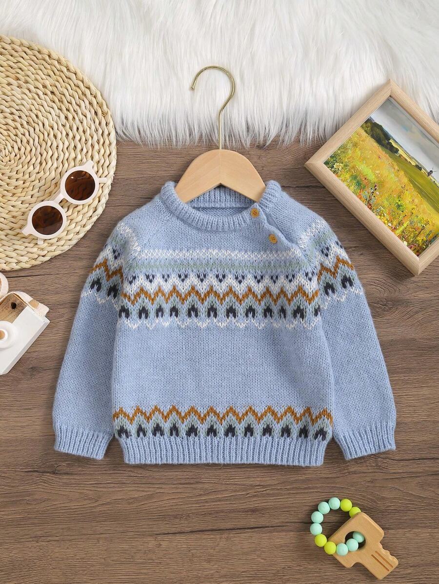 Baby Boy Wave Pattern Solid Color Knitted Sweater - Blue - View 1