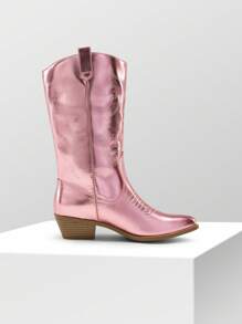 Women'S Cowboy Western Boots Point Toe Pull On Cowgirl Boots  Embroidered Detail Chunky Heeled Spring And Winter Back To School Party Festival Matching Dress Mid Calf PINK Boots - 粉色 - 查看 9