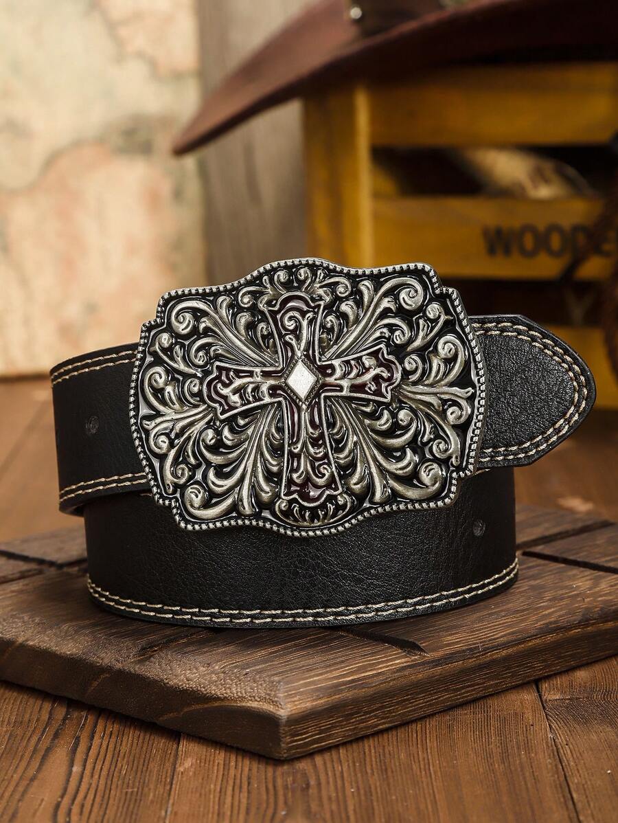 1 件纯色学生十字和花卉工具西部扣复古牛仔独立摇滚风格男士腰带，适合日常生活、派对、街头服饰、夜总会和摇滚表演，可作为男友和父亲节万圣节的礼物 - 黑色 - 查看 1