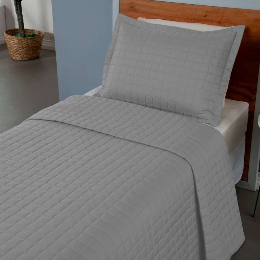 Single Percale 300 Thread Count Bedspread Kit Quilted Quilt With Pillowcase Premium Luxury Line - Grey - View 1