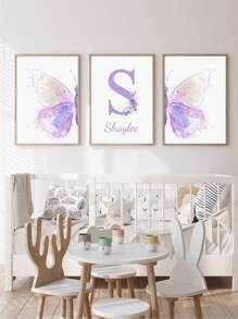 3pcs Custom Name Art Poster Personalized Butterfly Canvas Hanging Pictures Aesthetic Wall Art Dopamine Fashion Poster Nursery Kids Room Wall Decoration Girls Bedroom Decor Birthday Gift No Frame, Valentine Day, Valentine Day Decor Gifts Graduation, Multi-Functional, Durable, Quick Dry, Waterproof, Anti-Mold, Reusable, Ornamental School, Office, Tea Room, Home, Garden, Graphic Print
