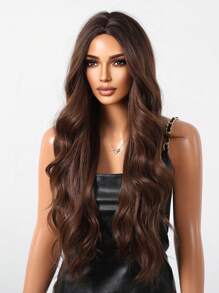 Coffee Brown 28inch Long Curly Synthetic Wigs With Bangs For Women Heat Resistant Natural Middle Part Cosplay Party Lolita Wedding Hair Wigs Halloween - 咖啡棕 - 查看 5