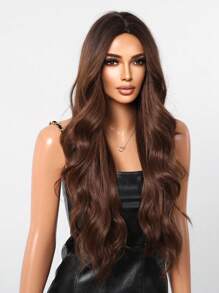 咖啡棕色 28 英寸长卷发合成假发，带刘海，女士耐热自然中分角色扮演派对洛丽塔婚礼假发万圣节