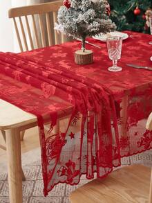 1pc Christmas Lace Table Cloth, Festive Decor - Red - View 5