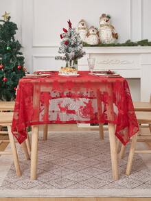 1pc Christmas Lace Table Cloth, Festive Decor - Red - View 9