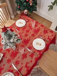 1pc Christmas Lace Table Cloth, Festive Decor - Red - View 6