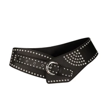 街头Y2K新款复古铆钉穿孔PU腰带欧美时尚针扣宽腰带朋克腰带万圣节秋季秋季万圣节 - 黑色 - 查看 5