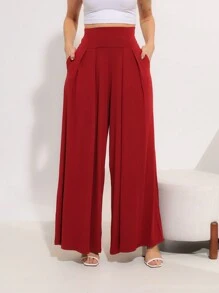 Wide-Leg Loose-Fitting Palazzo Pants In Viscose Fabric, Wide Waistband, High Waist, Pleats - Maroon - View 5