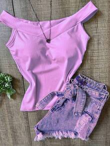 X Store Women's Tank Top Without Boat Neck Ribbed With Padded Spring Super Fashion!! - 紫丁香色 - 查看 2