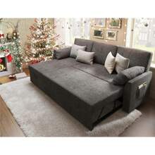 Sofa Bed, Sofa Sleeper With Storage Chaise, L Shape Pull Out Couch Bed, Oversized Sofas For Living Room-Grey Linen - 灰色 - 查看 3