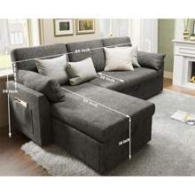 Sofa Bed, Sofa Sleeper With Storage Chaise, L Shape Pull Out Couch Bed, Oversized Sofas For Living Room-Grey Linen - 灰色 - 查看 2