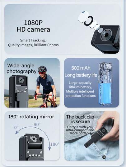 Mini Outdoor Sports Camera, 1080P HD Wearable Cam 180° Rotating Lens, Night Vision, Hours Recording Time, Built In Clip, Portable Travel, Vision Loop Ideal Home (Supports SD Card Recording) view 7