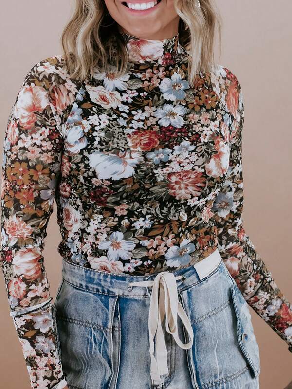 Blusa a manica lunga con scollo alto a fascio in rete con stampa floreale marrone