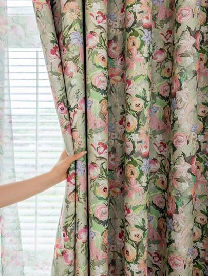 1 件印花花卉遮光、隔音、隔热涤纶窗帘，适用于客厅和卧室
