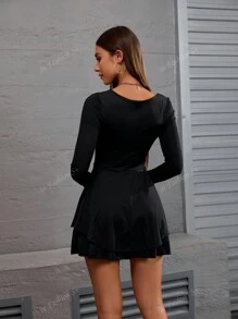 Vestido de Manga Longa Longo de Damas Elegante Ajustado, Colarinho Quadrado com Babados de Duas Camadas e Pregas, da Moda Europeia e Americana e Quente Transfronteiriça 2024 Novo