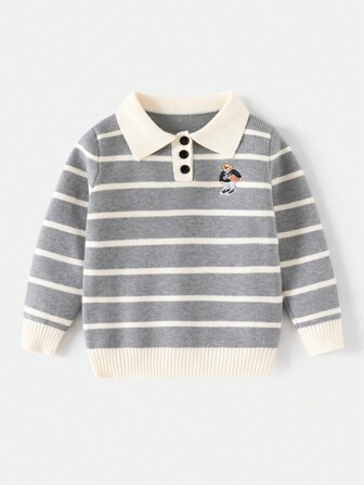 Young Boy Striped Lapel Cartoon Embroidered Sweater, Autumn/Winter