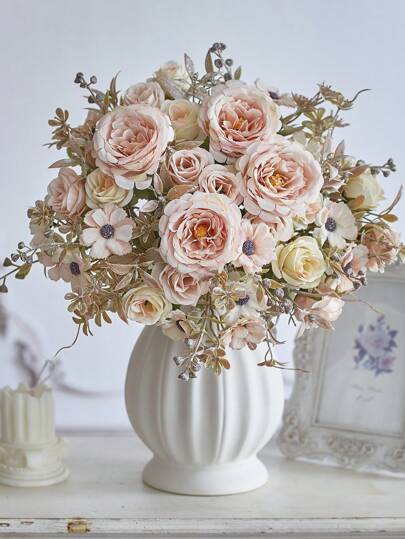 1 Ramo de flores de rosa artificiales, flores de peonía falsas, ramo de flores de seda de peonía, rosa y margarita a granel para decoración del hogar, boda, fiesta, centros de mesa, regalos, cumpleaños, graduación, decoración de otoño