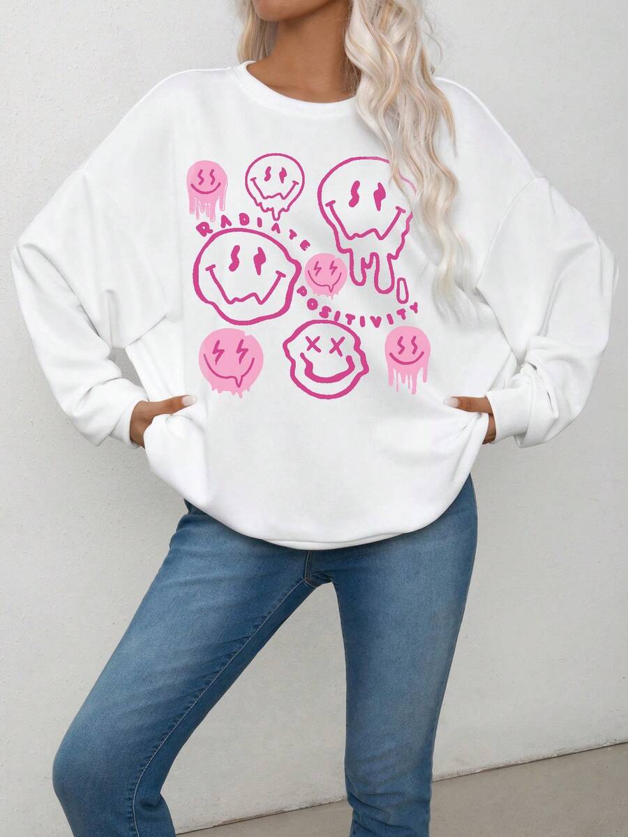 Women's Casual Drop Shoulder Warm Cotton Lined Pullover Sweatshirt, Loose Design With Graphic, Comfortable & Versatile For Autumn/Winter