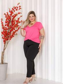 Basic Plus Size V-Neck T-Shirt - Hồng - Xem 4