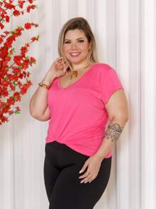 Basic Plus Size V-Neck T-Shirt - Hồng - Xem 2
