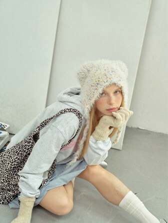 欧洲设计师针织帽，多巴胺彩色波尔卡圆点羊绒帽，女士保暖针织帽，熊耳帽，可爱女孩帽子，酷女孩针织帽，圣诞礼物