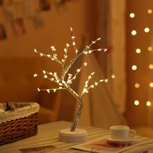1pc Copper Wire Tree Tabletop Lamp, Excluding Batteries, Bedroom Romantic Branch Decor Artificial Tree Lamp, Small Nightlight